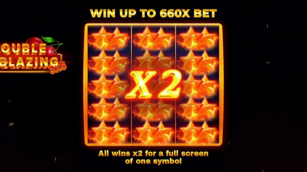 Interface do slot 3x5 Double Blazing com símbolos de frutas em chamas